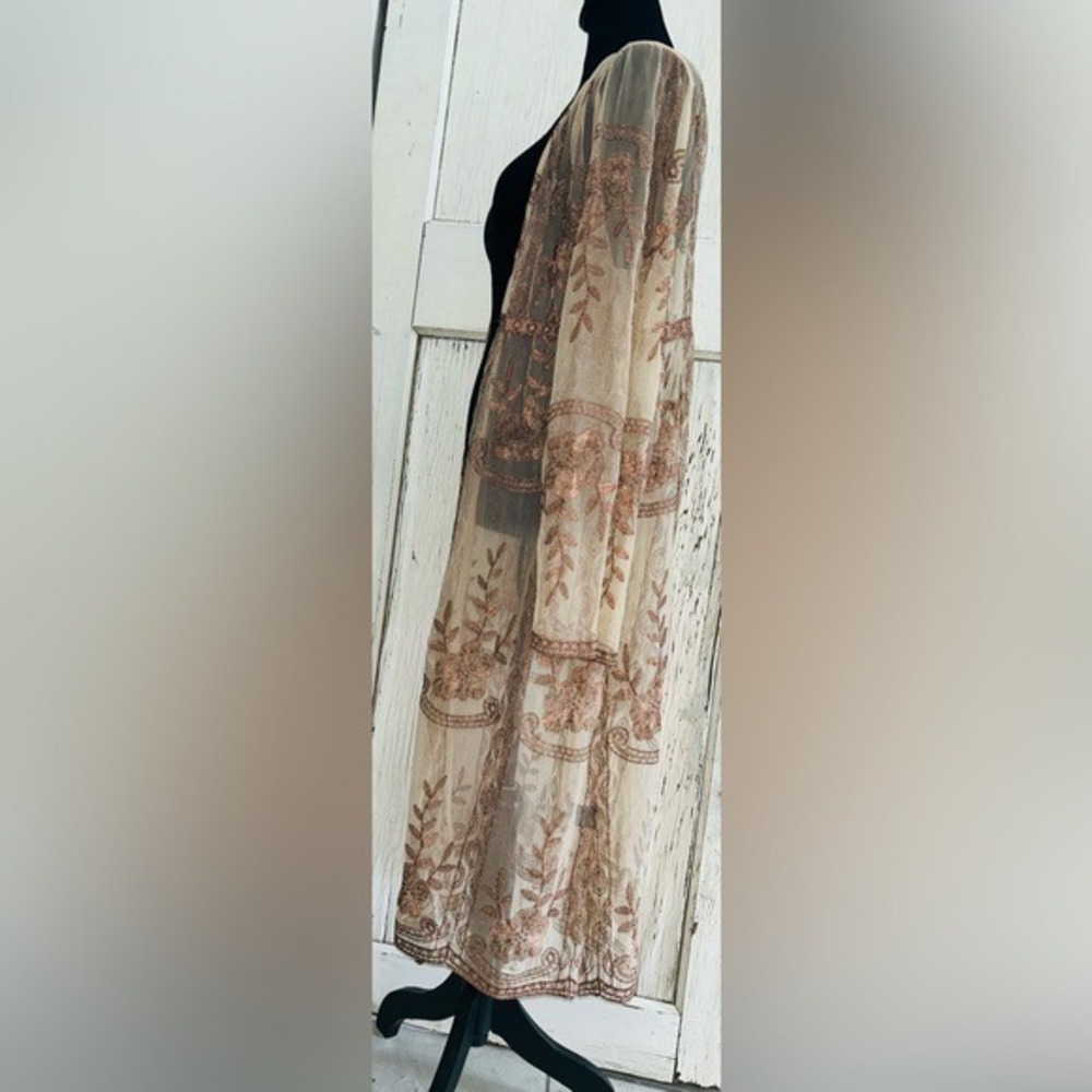 Romantic Boho Floral Embroidered Festival Mesh Ethereal Maxi‎ Kimono Duster - Picture 6 of 8
